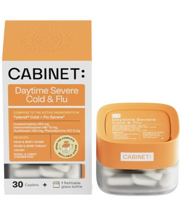 Cabinet Severe Cold and Flu Medicine for Adults w/Active Ingredient Comparable to DayQuil Severe Cold and Flu 1 Refillable Medicine Jar 30 Caplets (Glass Jar)