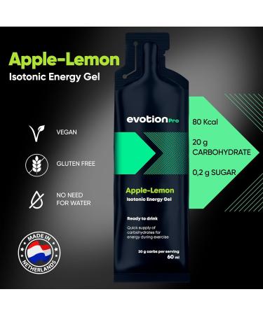 Evotion Pro High Energy Gel 20 x 60ml - 80KCAL 20G Carbs - Apple Citric Maltodextrin Power Gel for Running & Marathon - Energizing Liquid Power Gel Shot - Buy Online on GoSupps.com