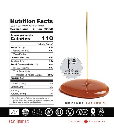 Escuminac 100% Pure Organic Canadian Maple Syrup 1L Family Size - Grade A Dark Robust Taste - Buy Online on GoSupps.com
