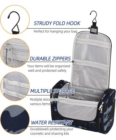 Extra Large Waterproof Hanging Toiletry Bag for Men & Women - Portable Dopp Kit with Metal Hook - Camo Blue - Buy Online on GoSupps.com