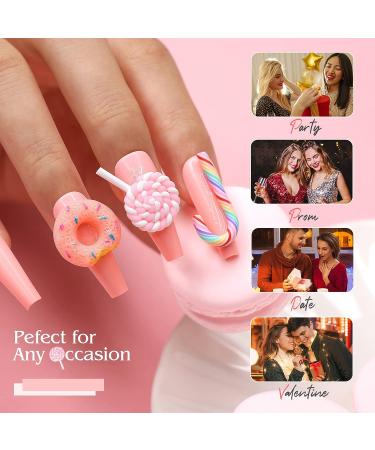 Kikmoya 3D Candy Design Extra Long Coffin Press on Nails - 24pcs Glossy Pink False Nails for Women and Girls - Buy Online on GoSupps.com