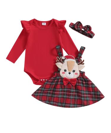 ZZLBUF Toddler Baby Girl Outfits Ribbed Ruffle Long Sleeve T-shirt/Romper Top Suspender Skirt with Headband Kids 3Pcs Clothes Set 6-9 Months Romper Elk Red Plaid