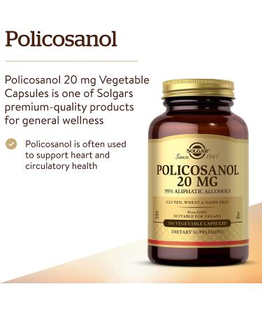 Solgar Policosanol 20mg - 100 Vegan Capsules for Heart Health & Cholesterol Support - Buy Online on GoSupps.com