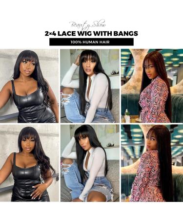 Glueless Human Hair Wig with Bangs for Black Women 180% Density 16 inch Brazilian Virgin Hair Lace Front Wig - Natural Black - Buy Online on GoSupps.com