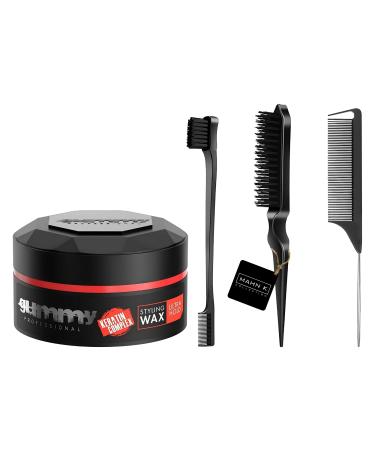 Edge Control Hair Wax and 3 Smoothing Brushes | Ultra Hold Gummy Wax 150ml, Gummy Hair Gel for Men and Women, Mahn K Collection Smoothing Back Brush Set for