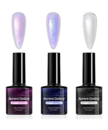 Gel Nail Polish Set 3 Colors Pearl Gel Nail Varnish Aurora White Pink Shimmer Galaxy Nail Gel Mermaid Pearlescent Gel Polishes UV/LED Soak-Off Nail Polish for Nail Art DIY Home