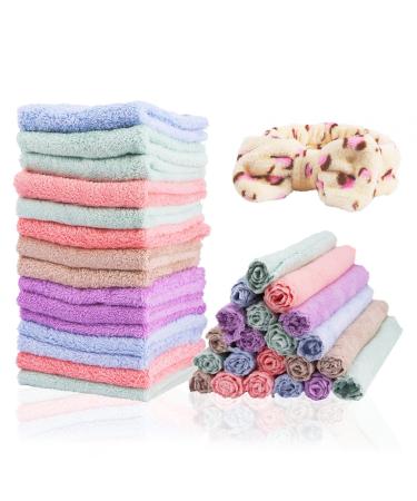 Denpetec Face Towel  24Pcs Face Wash Cloth  Microfiber Soft Face Towel  with 1pc Women Headband Coral Fleece  Highly Absorbent  Easy to Carry  Wash Cloths for Your Face