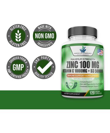 Immune Support Supplement with Zinc 100mg, Vitamin C 1000mg, Vitamin D 5000IU - 120 Vegan Capsules - Buy Online on GoSupps.com
