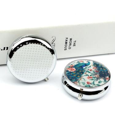 Round Peacock Flowers Print Pill Box - 3 Compartment Decorative Metal Organizer for Travel & Daily Use - Buy Online on GoSupps.com
