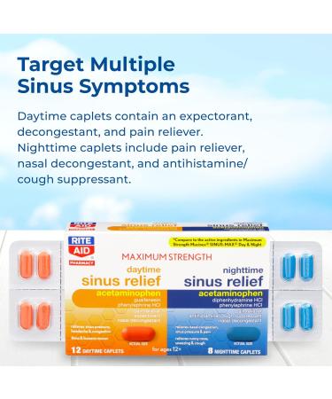 Rite Aid Maximum Strength Sinus Relief Caplets - Daytime and Nighttime Combo - 20 Count - Buy Online on GoSupps.com