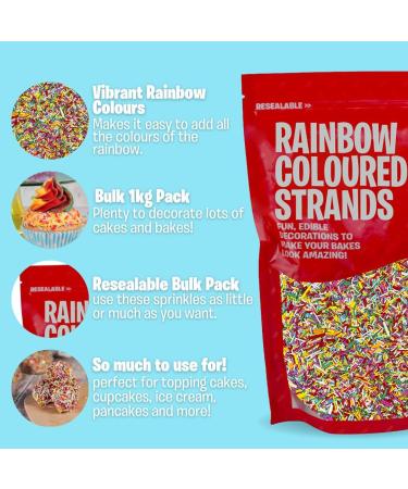 Cake D cor 1kg Rainbow Sprinkles Sugar Strands | Cake Sprinkles Decorations | Resealable 1kg Sprinkles Bulk Bag | Rainbow Vermicelli Sprinkles for Cakes Cupcakes Ice cream toppings (Strands) - Buy Online on GoSupps.com