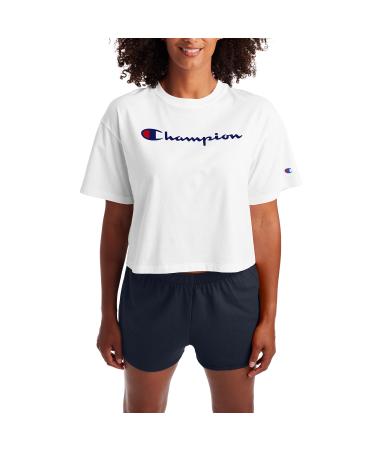 Champion Women's Cropped T-Shirt, Classic Cropped Tee Shirt for Women, Best Crop Top Tee Shirts For Women Medium White Champion Script