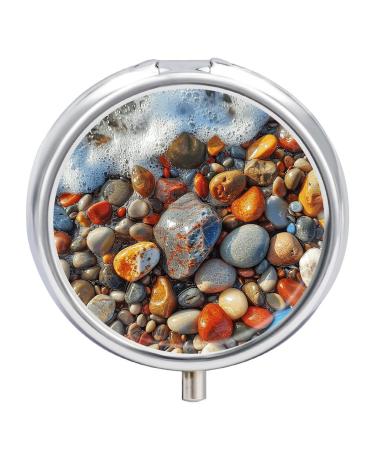 Pill Box Pill Case 3 Compartment Travel Pill Box Stones on Beach Printing Small Pill Box Portable Medicine Pill Case Pill Organizer for Purse & Pocket for Travel Handbag (Round)