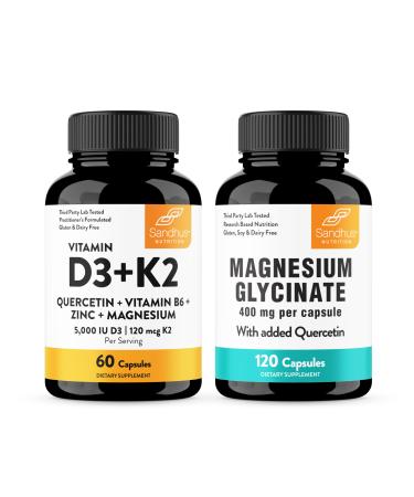 Sandhu's Vitamin D3 K2 Bundle with Magnesium Glycinate with Quercetin Capsules | Supports Quality Sleep Relaxation Immune Muscle Teeth Health & Energy