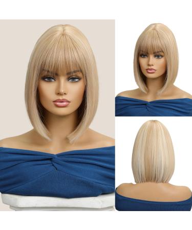 OUFEI mixed Blonde Bob Wig With Bangs Short Straight Wig For Women Synthetic Hair Wigs for Daily Party Cosplay Wear Mixed Blonde(9059-4)