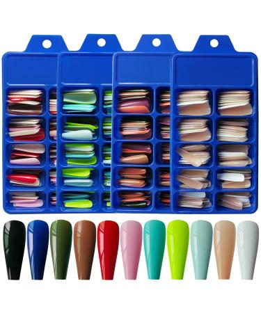 LoveOurHome 400pc Coffin Press on Nails Long  Colored Long Coffin Fake Nails Full Cover Acrylic Tips Artificial False Fingernails Decor 20 Colors Press on Coffin Nails for Women Girls Assorted Coffin