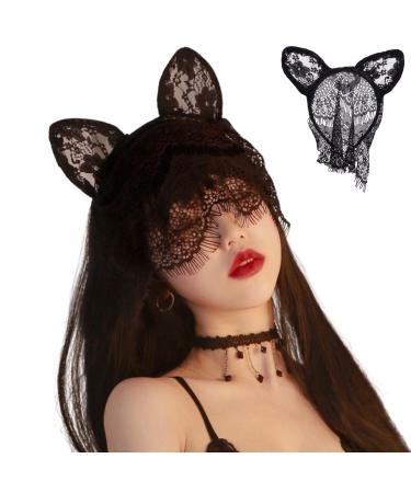 CHENGZI Black Lace Headband with Veil and Cute Rabbit Ears Halloween Party Headwear Hair Accessories for Women Girls