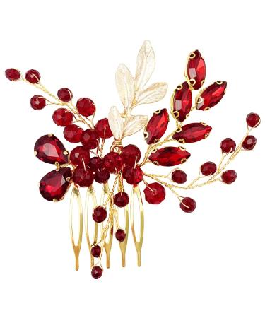 BETITETO Crystal Bridal Hair Comb Wedding Gold Vine Leaf Rhinestone Hair Piece Accessories for Women Girls (Wine Red)