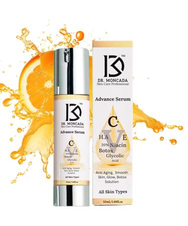 Vitamin C Serum Anti-Aging Facial Serum with Niacin Hyaluronic Acid Glycolic Acid Vitamin E and Botox Stock Solution Serum for Fine Lines & Wrinkles Brightness Moisturizing 1.69OZ