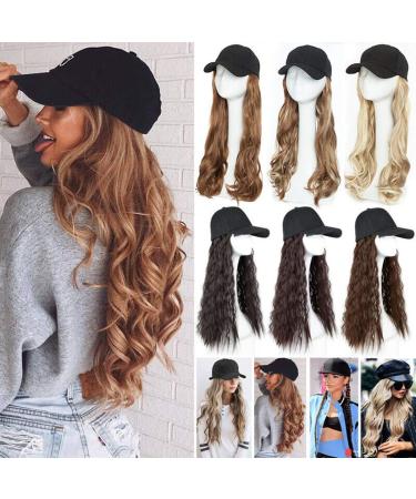 Synthetic Long Curly Wavy Baseball Cap with Hair Brown Black Blonde Women Wig Hats with Hair Wavy Extensions Dark Brown