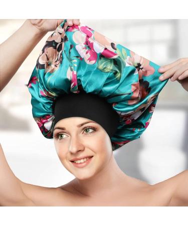 2PCS Large Silk Satin Bonnet Set for Curly Hair - Black+Peacock Blue - Buy Online on GoSupps.com