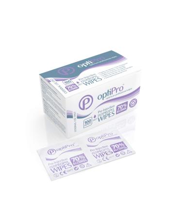 OptiPro Pre-Injection Wipes (x100) - Individually Wrapped Disposable Medical Skin Cleaning Easy-Tear 70% Isopropyl Alcohol Sachet Wipes (100 Wipes) 100 Count (Pack of 1)