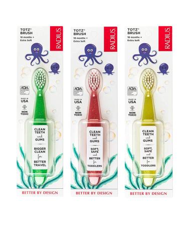 RADIUS Totz Toothbrush Extra Soft Brush BPA Free & ADA Accepted Designed for Delicate Teeth & Gums for Children 18 Months & Up - Green Coral Yellow - Pack of 3 3 Count (Pack of 1) Green/Coral/Yellow