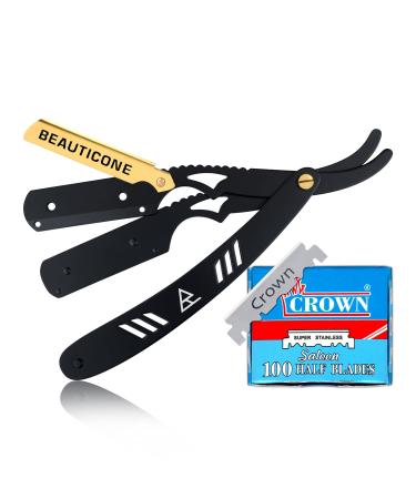 BEAUTICONE Straight Razor for Men, Professional Gold Plated Barber Razor with 100 Single Edge Blades, Straight Edge Single Blade Razors for Men Black & Gold with 100 blades