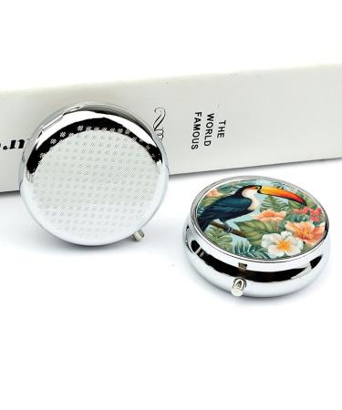 Round Pill Box with Tropical Flower Bird Print | 3 Compartment Portable Medicine Organizer | Decorative Metal Pocket Pill Case - Style 28 - Buy Online on GoSupps.com