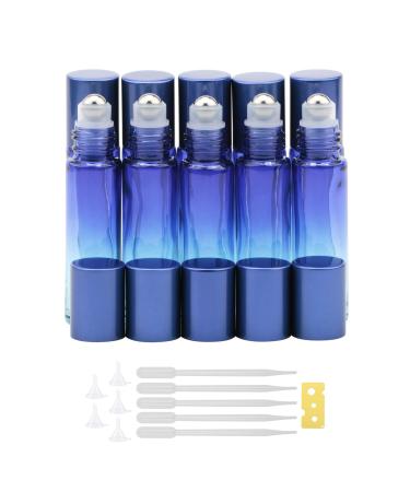 jiuwu 10pcs Roller Bottles 10ml Essential Oil Glass Blue Gradient Blue Screw Cap Bottle with Stainless Steel Roller Ball for Perfume Liquid Cosmetic Travel Vials 1 Opener + 5 Funnels + 5 Droppers