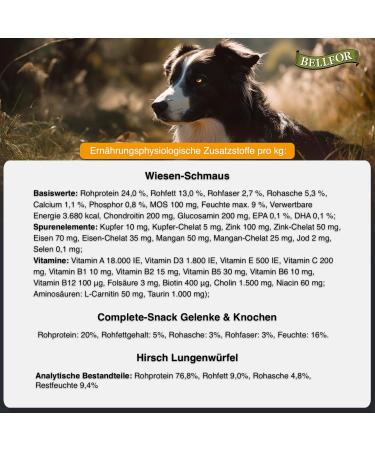 Bellfor Feeding Set for Bernese Mountain Dog Grain-Free Dry Food with Chicken 4 kg and Complete Treat to Strengthen Joints 150 g and Deer Lung Cubes 200 g - Buy Online on GoSupps.com