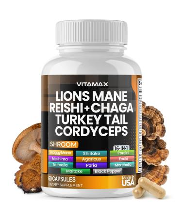 Vitamax Lions Mane Mushroom Turkey Tail Chaga & Reishi Cordyceps Shiitake White Elm King Trumpet Nameko Oyster Porcini Focus & Energy - Made in USA (60 Capsules (Pack of 1)) 60 Count (Pack of 1)