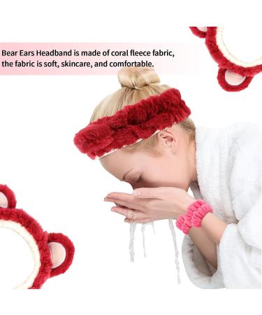AMCAMI 6 Pcs Spa Headband and Wristband Set | Cute Bear Ears Design | Makeup and Skincare Headbands for Women | Pink Red - Buy Online on GoSupps.com