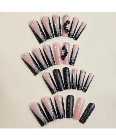 Buy MISUD Long Square Press-On Nails - Glossy Black Glitter French Tips & Flower Rhinestones | 24 pcs Acrylic False Nails - Buy Online on GoSupps.com