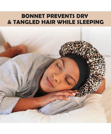 Silk Bonnet for Curly Hair 2PCS Set - Leopard & Pink Floral | Elastic Wide Band - Buy Online on GoSupps.com