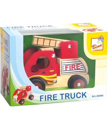 Bino Holzauto Feuerwehr - Wooden Fire Truck Toy for Kids 12 Months+ | Fold-Out Ladder PVC Tires Promotes Hand/Eye Coordination - 17x12x9 cm Red - Buy Online on GoSupps.com