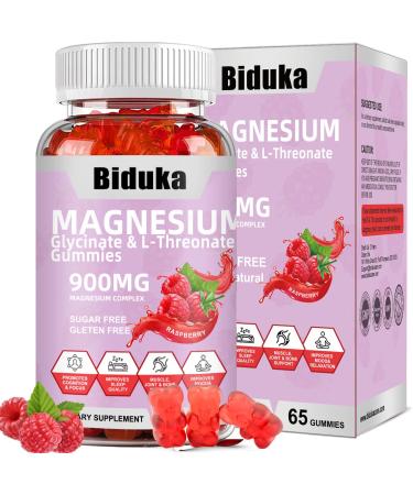 Biduka 900mg Magnesium Complex 65 Raspberry Gummies Sugar Free Magnesium Glycinate & L-Threonate Potassium Supplement with Vitamin D B6 CoQ10 for Relaxation