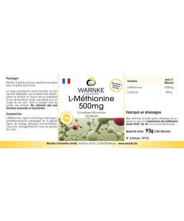 L-Methionine 500 mg - 120 capsules - Vegetarian - essential proteinogens | Warnke Vitalstoffe - Quality from German pharmacies - Buy Online on GoSupps.com
