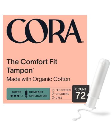 Cora Organic Applicator Tampons | Super Absorbency | 100% Cotton Core, Unscented, BPA-Free Compact Applicator | Leak Protection, Easy Insertion, Non-Toxic | Packaging May Vary (72 Count) 36 Count (Pack of 2)