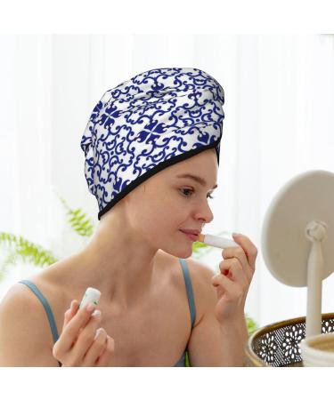 Blue & White Porcelain Microfiber Hair Towel Wrap | Super Absorbent Coral Velvet for Long Curly & Thick Hair - Quick Dry for Women - Buy Online on GoSupps.com
