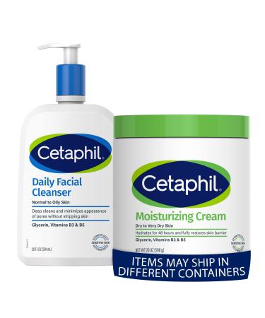 Cetaphil Hydrating Body Moisturizing Cream for Dry to Very Dry Sensitive Skin 20 oz Fragrance Free + Cetaphil Face Wash Daily Facial Cleanser for Sensitive Combination to Oily Skin 20 oz