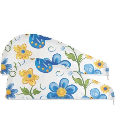 Cartoon Blue Butterfly Flowers Hair Towel 2 Pack | Super Absorbent Quick Dry Hair Turbans for Women & Girls - Buy Online on GoSupps.com