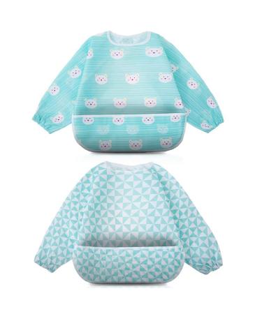 Little Dimsum Weaning Bibs Set with Sleeves Long Sleeved Waterproof Toddlers Feeding Bib Apron Food Protection Large Pocket Overalls 6-36 Months (LS/Blue)