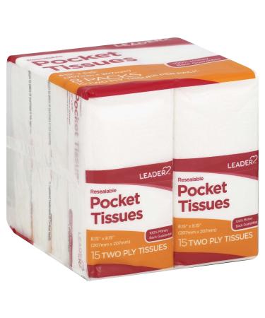 LEADER Soft 2-Ply Facial Tissues Pocket Packs, Pure Cotton, On-The-Go Travel Size, Resealable, 16 Packs of 15 (240 Tissues)