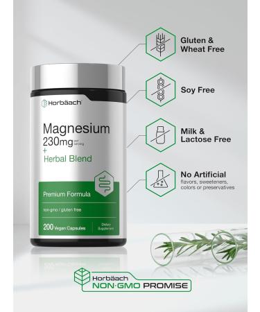 Horbaach Magnesium 230 mg | Plus Herbal Blend | 200 Vegan Capsules | Non-GMO and Gluten Free Supplement - Buy Online on GoSupps.com
