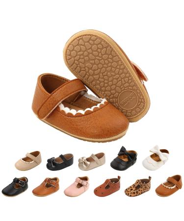 Baby Girls First Walking Shoes Mary Jane PU Leather Anti-Slip Princess Shoes Infant Baby Shoes 0-6 Months B Brown
