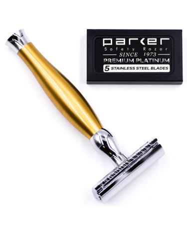 Parker Safety Razor 48R Heavyweight 3-Piece Double Edge Safety Razor-Mattes Gold-Finish with 5 Parker Premium Platinum Double Edge Razor Blades