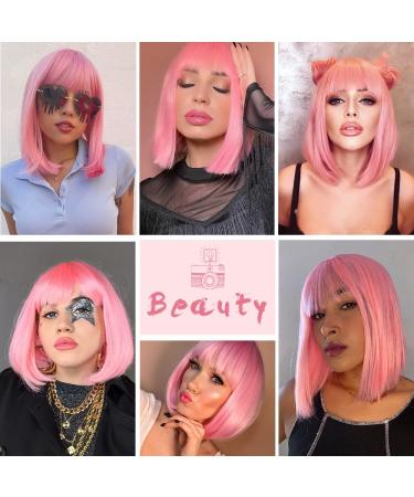 AISI BEAUTY 12 Inch Pink Bob Wig with Bangs - Short Straight Synthetic Cosplay Party Wig for Women - Buy Online on GoSupps.com