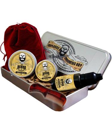 Beard Grooming Kit for Men in Metal Tin - Mens Grooming Kits with Moustache Wax Beard Oil Beard Balm Pocket Sized Mens Comb & Beard Scissors | Dad Gifts for Men Beard Growth Kit | Original