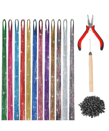 Hair Tinsel 48 Inches Hair Tinsel Kit with Tools 2400 Strands Glitter Hair Tinsel 12 Mixed Colors Hair Tinsel Kit Glitter Hair for Women Girls Hair Accessories for Christmas New Year Cosplay Party Tinsel Hair